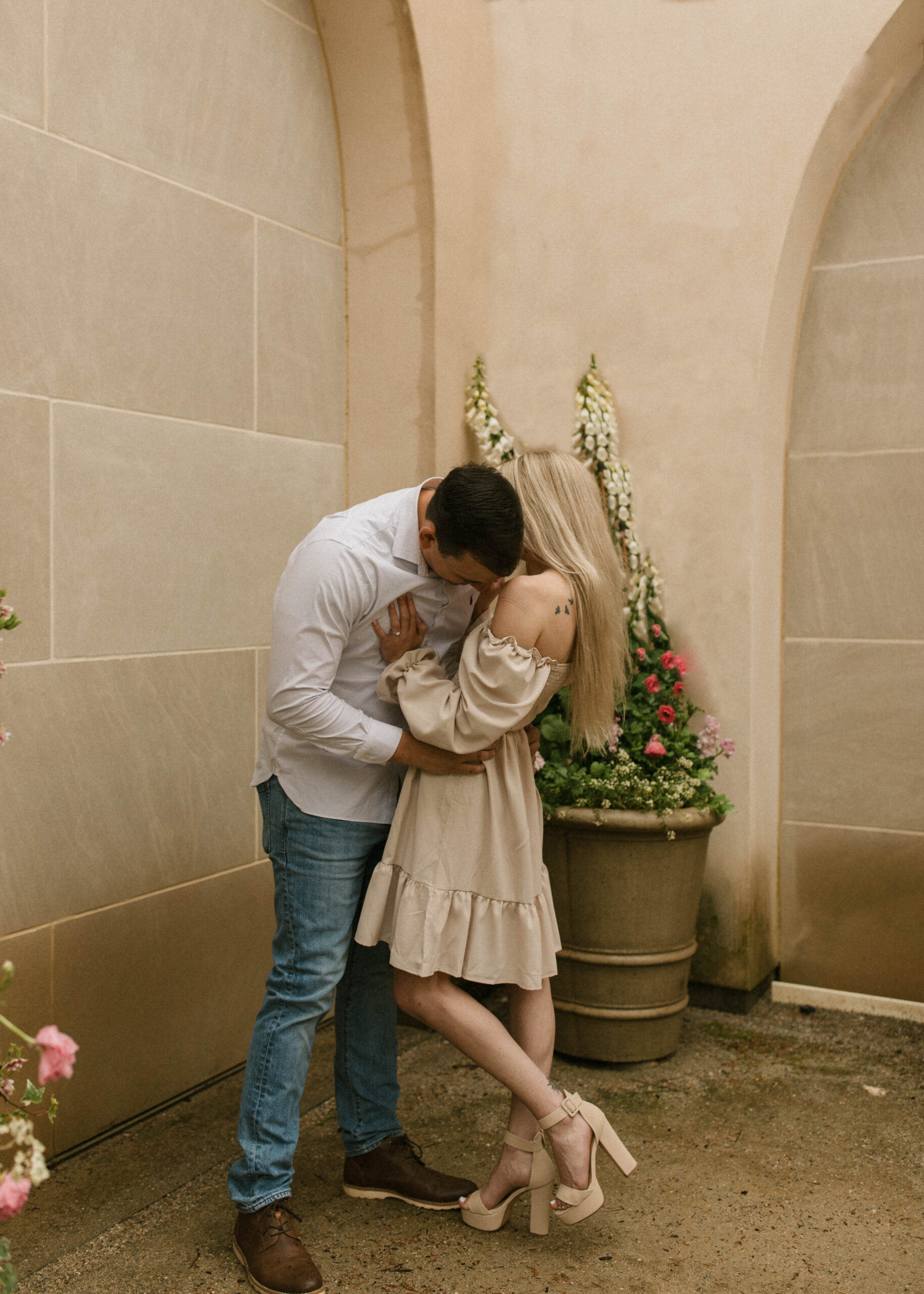 neutral romantic couples engagement session at longwood gardens in pennsylvania